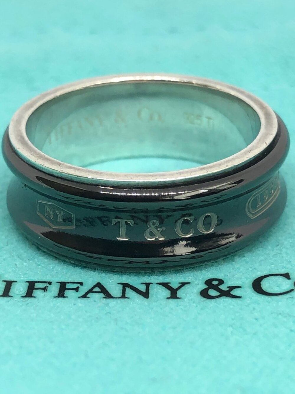 Tiffany & Co 1837 Sterling Silver Black Titanium TI Wide Concave Band Ring
